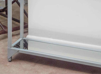 Contemporary Grey Metal Console with Glass Top & Mirrored Bottom Shelf