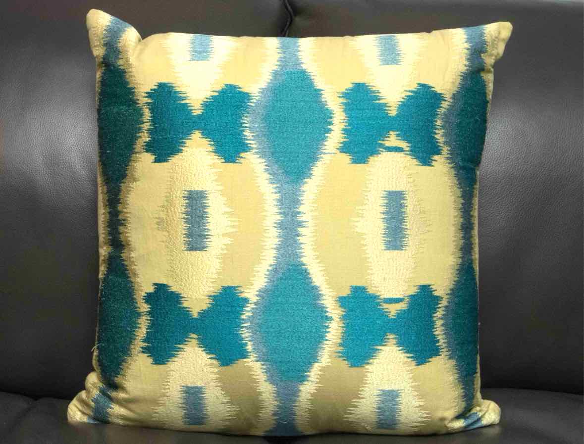 Global Views Vibrant Lime Yellow & Turquoise Ikat Pattern Silk Accent Pillow
