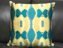 Global Views Vibrant Lime Yellow & Turquoise Ikat Pattern Silk Accent Pillow