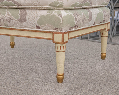 Baker Arm Chair & Ottoman Set Wood Framed with Green Brown and Cream Upholstery