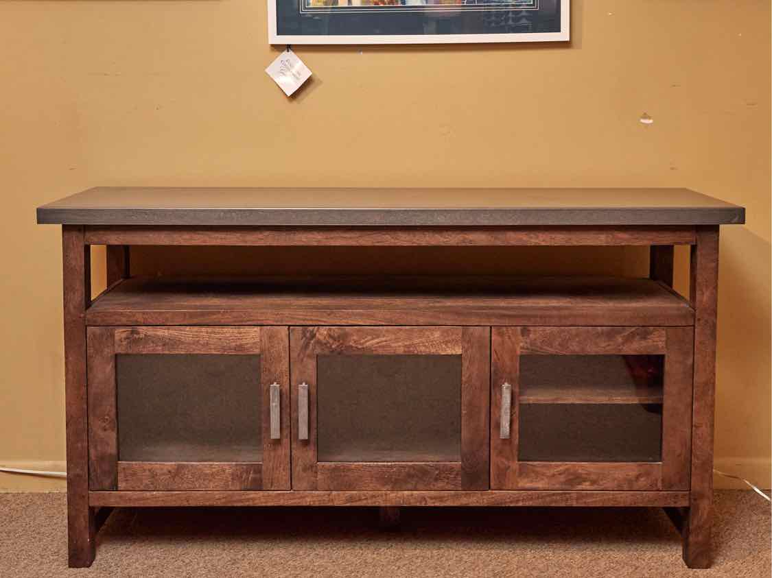 Crate & Barrel Metal Top 3 Glass Doors Weathered Oak Media Console