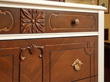 Walnut & Arctic White Finish 4 Drawer Chest with Carved Accents