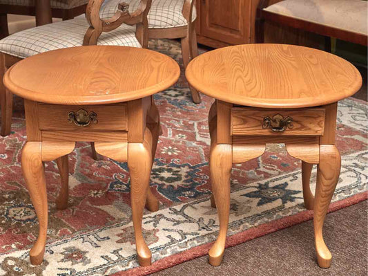 Pair Of Leister Queen Anne Style Oak Oval  1 Drawer Side Tables