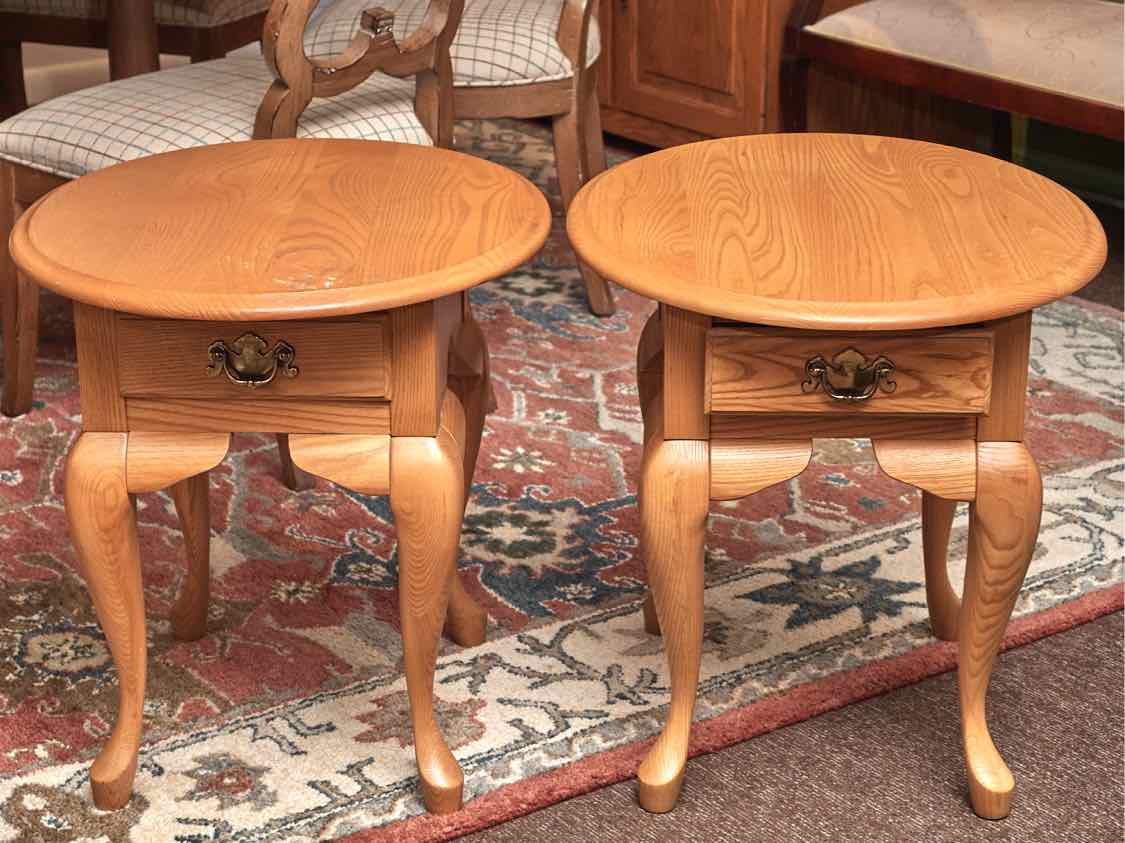 Pair Of Leister Queen Anne Style Oak Oval  1 Drawer Side Tables
