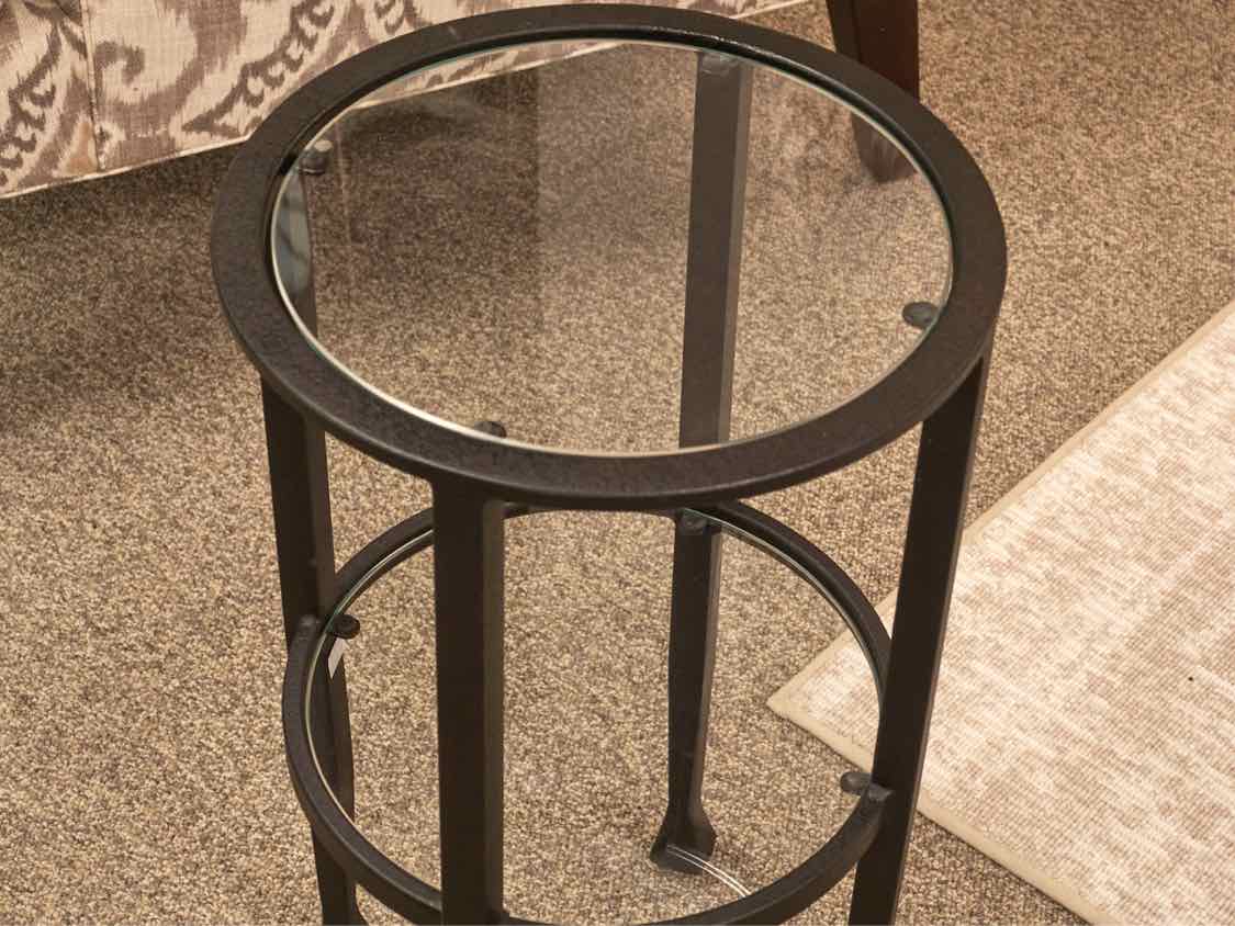 Pottery Barn Round Glass Top Drink Table on Black Iron Frame