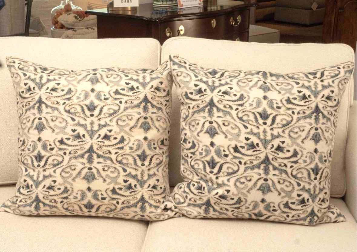 Pair Of Pottery Barn 'Reilley' Blue & Cream Embroidered Accent Pillows