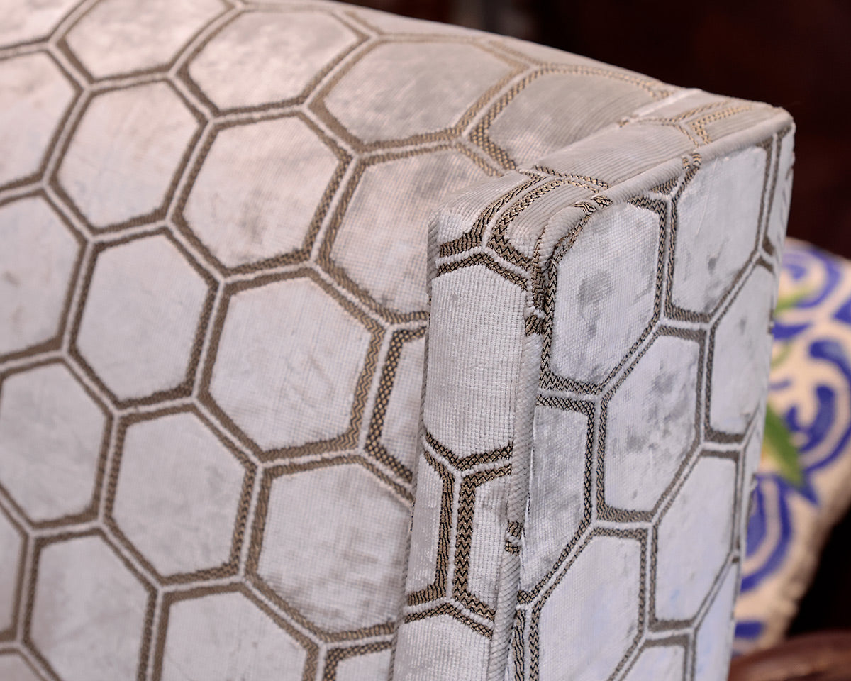 Geometric Patterned Sloped Arm Chair and Matching Ottoman