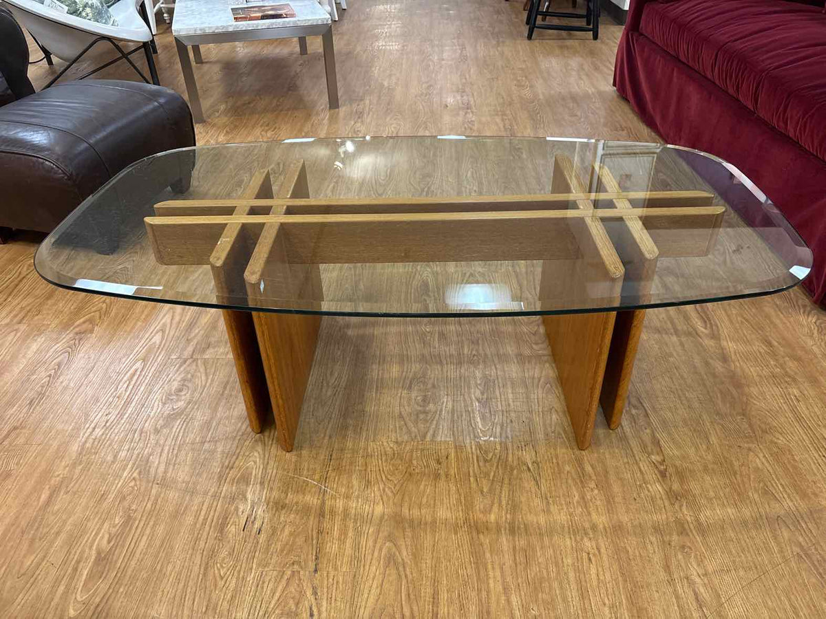 Mid-Century Modern Oval Glass Top Teak Coffee Table