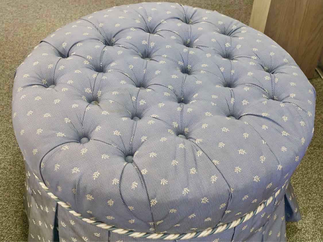 Ethan Allen Round Tufted Light Blue Ottoman with Skirt