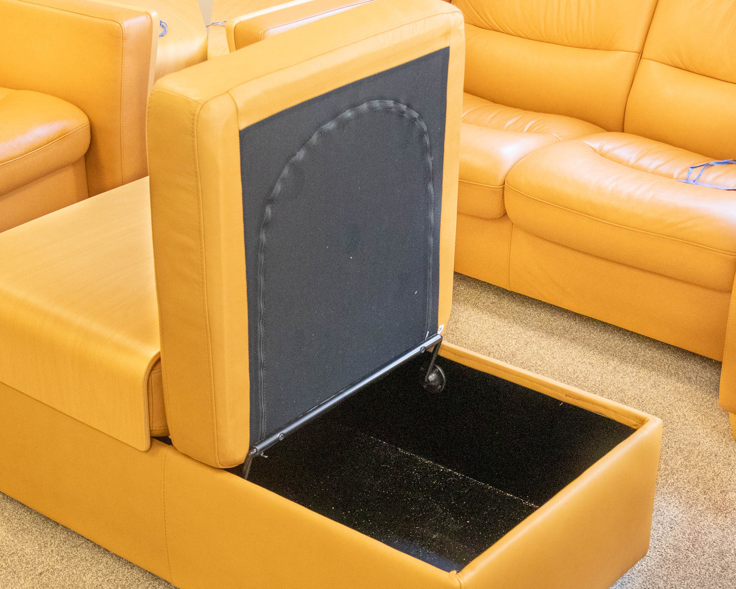 Ekornes Lift Top Storage Ottoman in Camel Leather W/ Maple Tray Tops