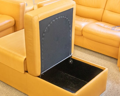 Ekornes Lift Top Storage Ottoman in Camel Leather W/ Maple Tray Tops