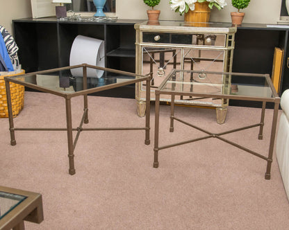 Pair of Antiqued Brass Square Side Tables W/ Glass Tops