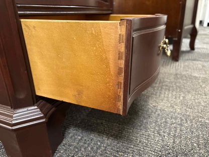 Pair of Mahogany Serpentine 3 Drawer Nightstands with Ornate Handles