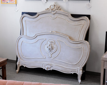 Vintage French Louis XV French Provincial Painted Walnut Queen Bed Frame