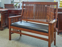 Nichols & Stone Mission Spindle Bench in Oak with Cherry Finish and Black Seat