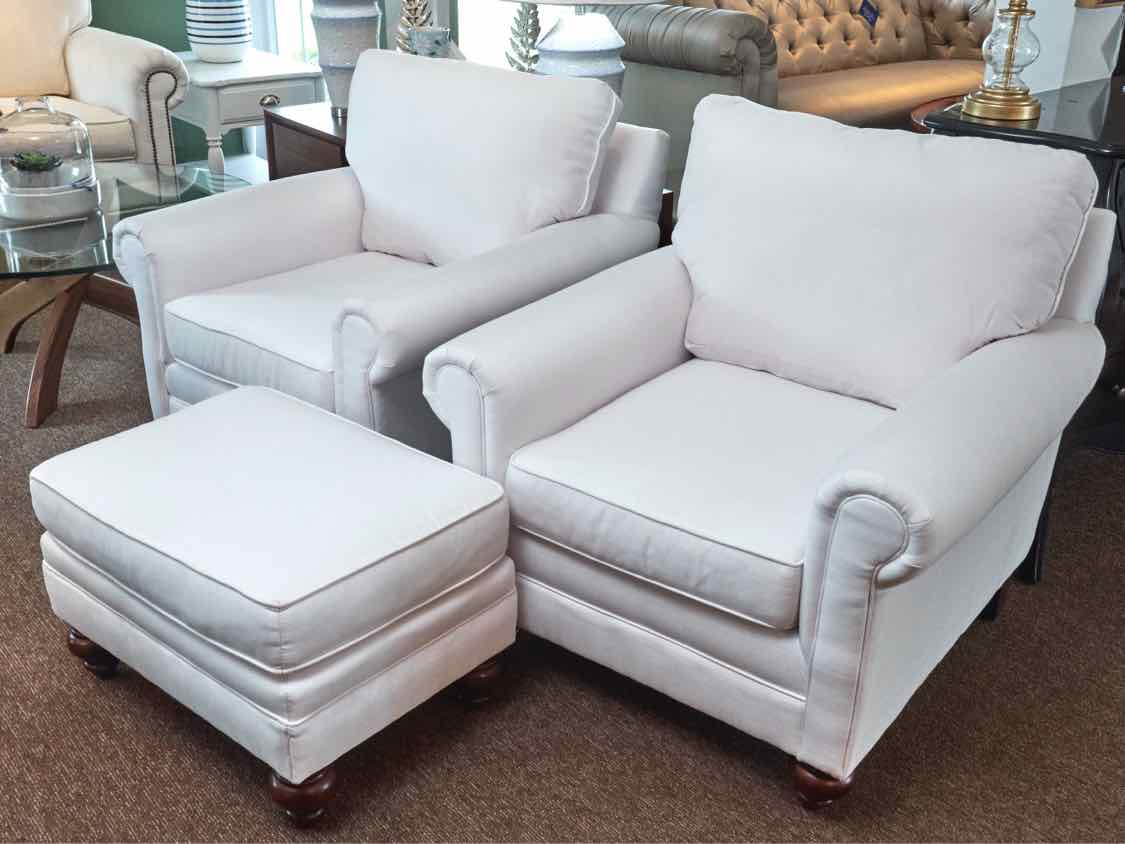 Pair Of White Sunbrella Upholstered Rolled Arm Chairs & Ottoman