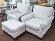 Pair Of White Sunbrella Upholstered Rolled Arm Chairs & Ottoman