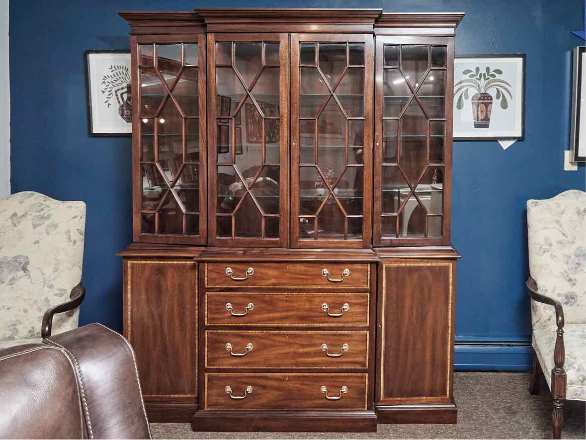 Henkel Harris Mahogany Banded Inlay 4 Glass Door Breakfront Cabinet