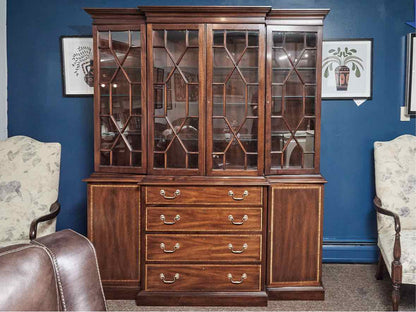 Henkel Harris Mahogany  Banded Inlay 4 Glass Door Breakfront Cabinet
