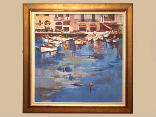 Distressed Gold Framed Oil Print  Of Harbor On Canvas