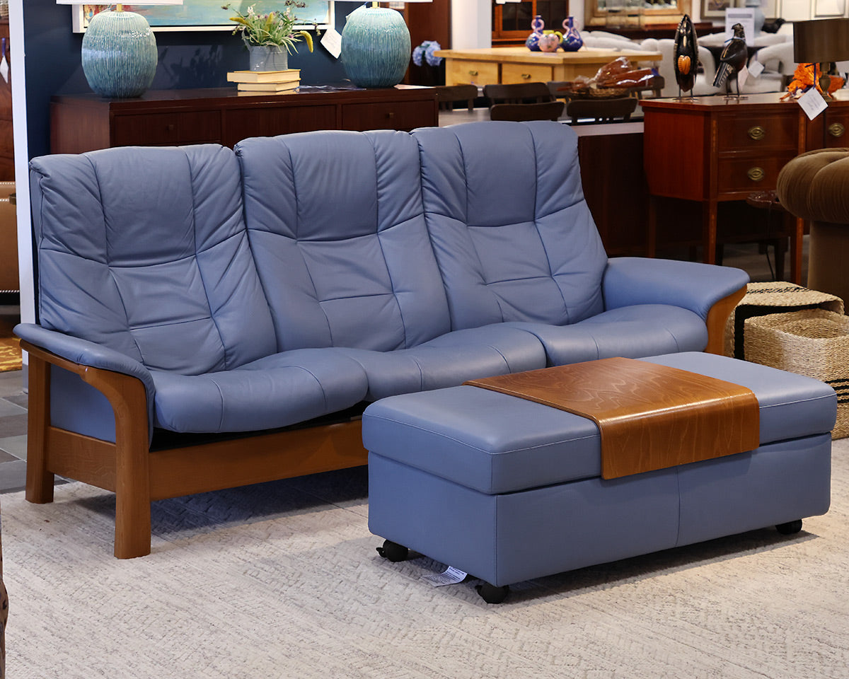Stressless Paloma Blue Sparrow Sofa and Ottoman