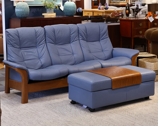 Stressless Paloma Blue Sparrow Sofa and Ottoman
