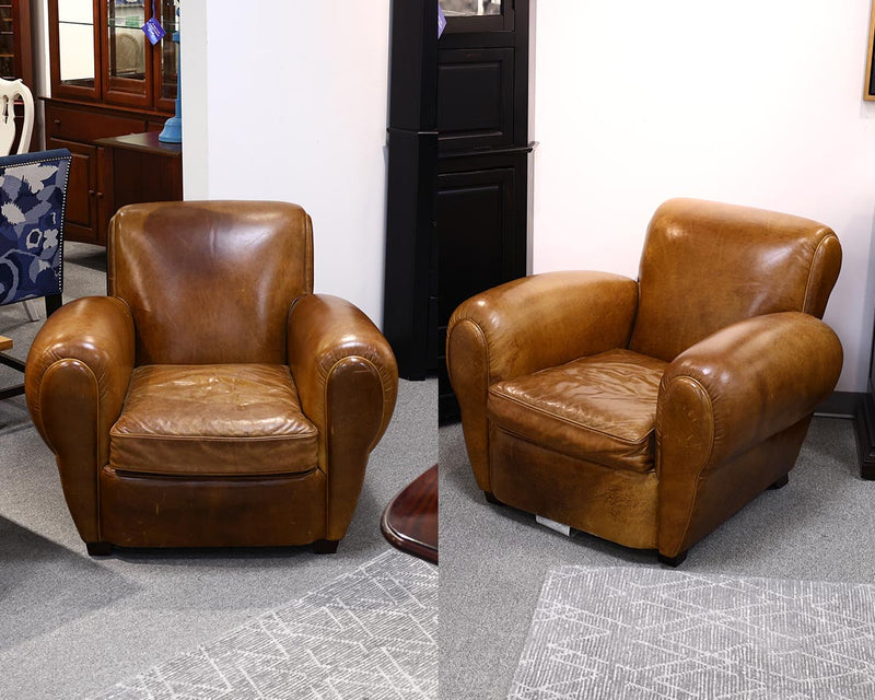 Pair of RH Carmel Color Leather Oversized  Club Chairs