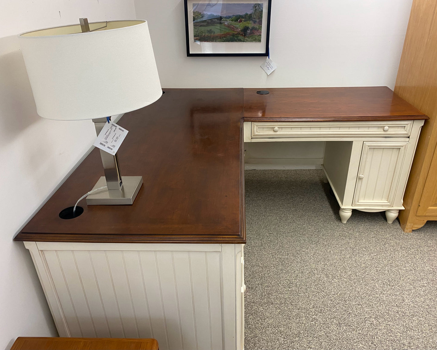 Beadboard Panel Corner Desk in Antique White with Cherry Finish Top