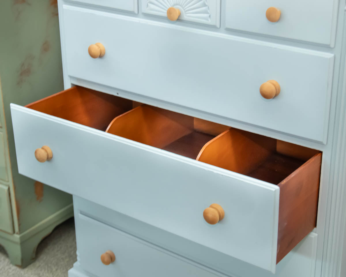 Kling Tall Chest in Light Blue Finish with Spoon Feet