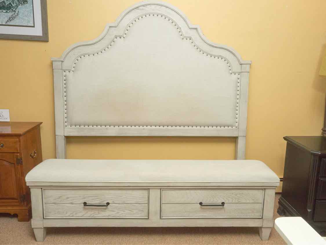 Legacy Classic Upholstered Arched White Washed Queen Bed With Bench 2 Drawers
