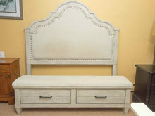 Legacy Classic Upholstered Arched White Washed Queen Bed With Bench 2 Drawers