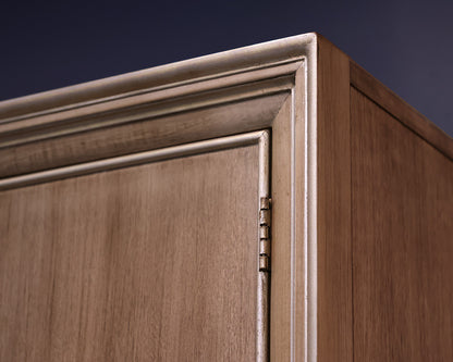 Hickory White Custom Tall Cabinet in Drifted Wood with Silver Trim
