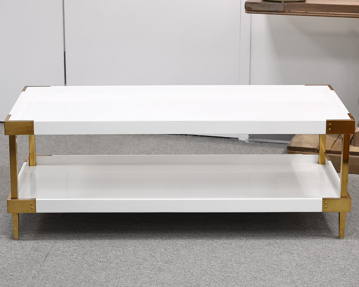 Serena & Lily White Lacquer and Brass Cocktail Table