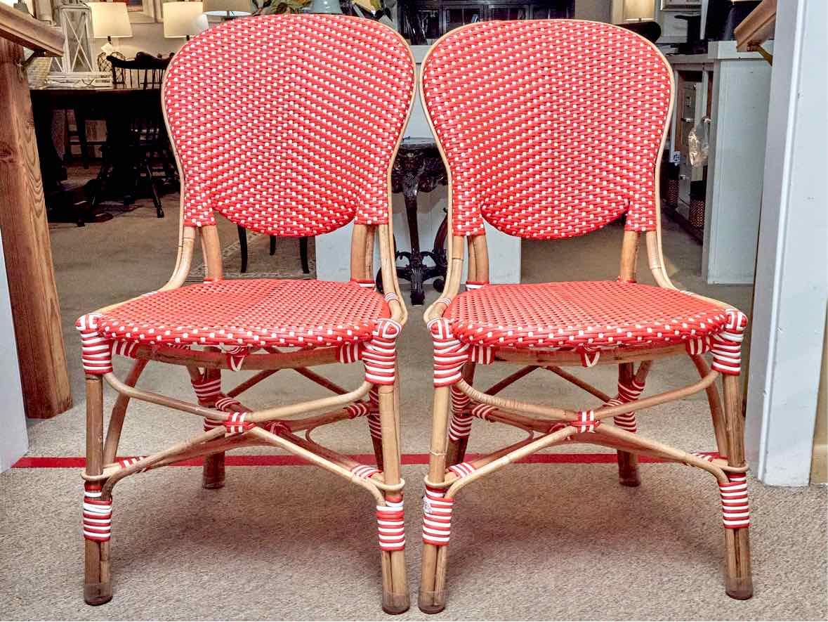 PairOf  Frontgate  Red & White Woven Bamboo Frame Bistro  Chairs