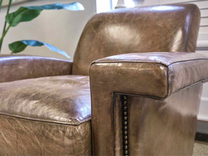 Pair of RH 'Ambrose' Leather Chairs with Brushed Brass Nailhead