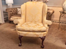 Kindel Gold Damask Upholstered Wing Chair with Mahogany Ball & Claw Feet