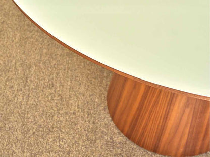 Winston Round Dining Table on Walnut Base with White Lacquer & Clear Glass Top