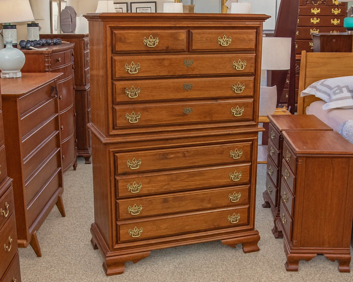 Cherry Wood Six Drawer Chest On Chest In Chestnut Finish W/ Brass Bail Pulls