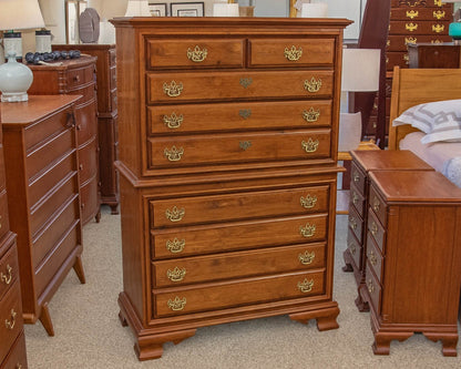 Cherry Wood Six Drawer Chest On Chest In Chestnut Finish W/ Brass Bail Pulls