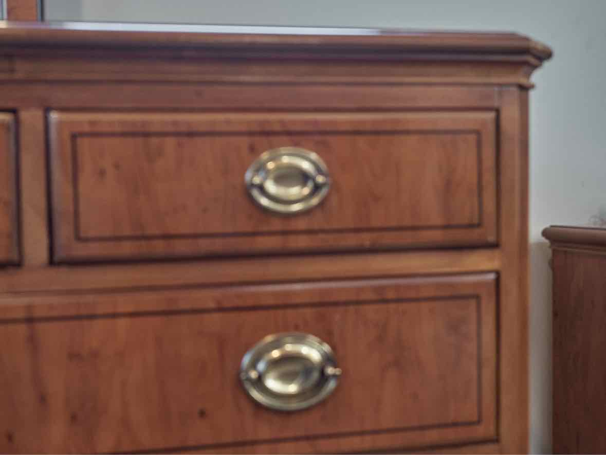 Drexel Inlaid Burlwood Seven Drawer Dresser & Mirror