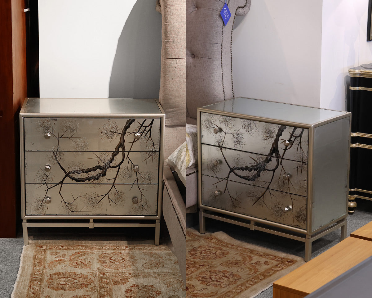 Antiqued Mirrored Pair of Nightstands