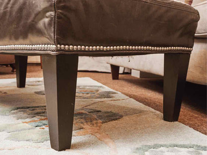 Grey Blue Leather Nailhead Trim Black Finish Legs Ottoman