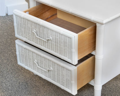 Pair Of Faux Bamboo White Nightstands Featuring 2 Drawers In Wrapped Rattan