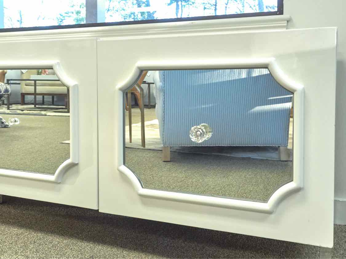 White Lacquer and Mirror Four Door Media Furniture
