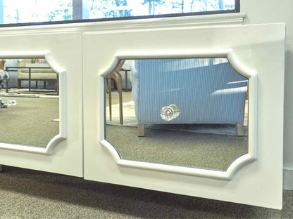 White Lacquer and Mirror Four Door Media Furniture