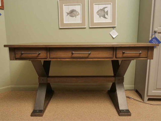 Liberty Furniture 3 Drawer Desk in Driftwood Grey  Finish & Trestle Base