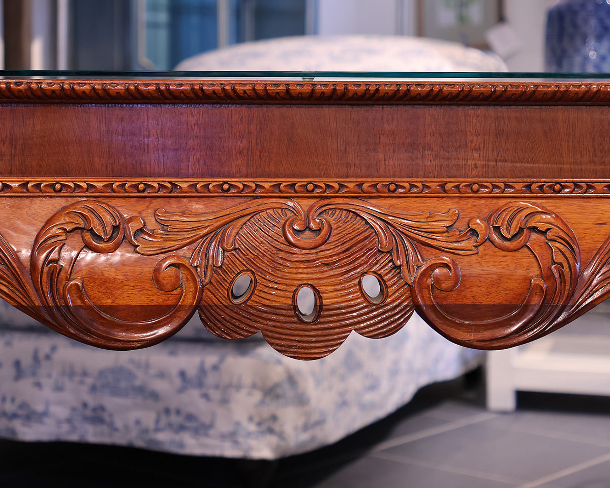 Chippendale Style Mahogany Hand Carved Console w/Glass Top