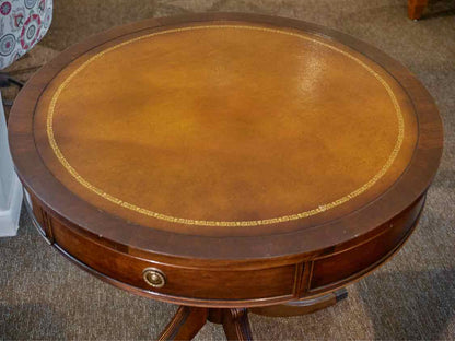 Brandt Leather Top Mahogany 1 Drawer  Round Pedestal Accent Table