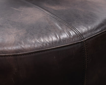 Restoration Hardware Round Ottoman in Distressed Brown Leather