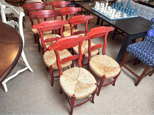 Set of 8 Red Finish Dining Chairs with Rush Seats